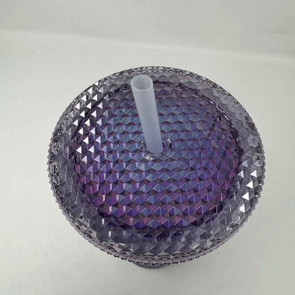 Purple Studded Tumbler Cup Reusable Cold Drink Straw Lid Plastic Geometric Shape